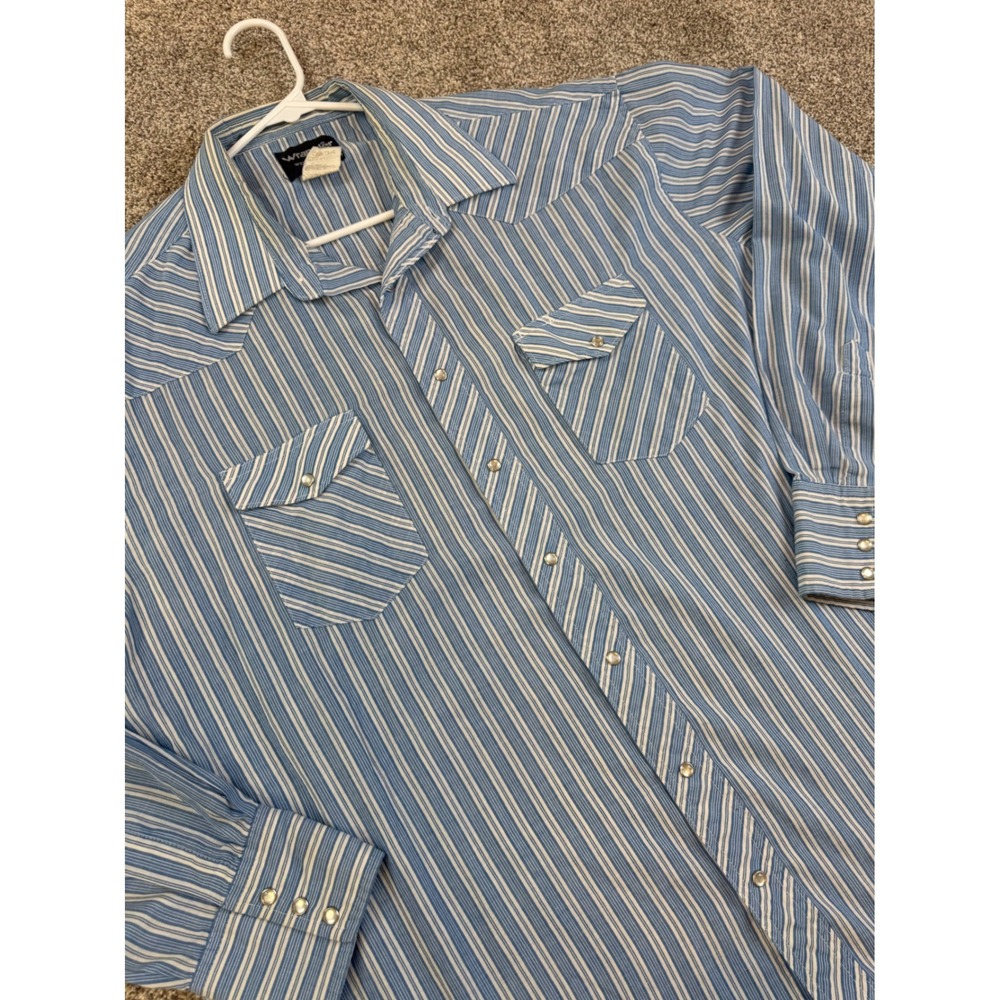 Vtg Wrangler Western Shirt Mens 18x38 Blue Striped Pearl Snap Long Sleeve Tall‎
